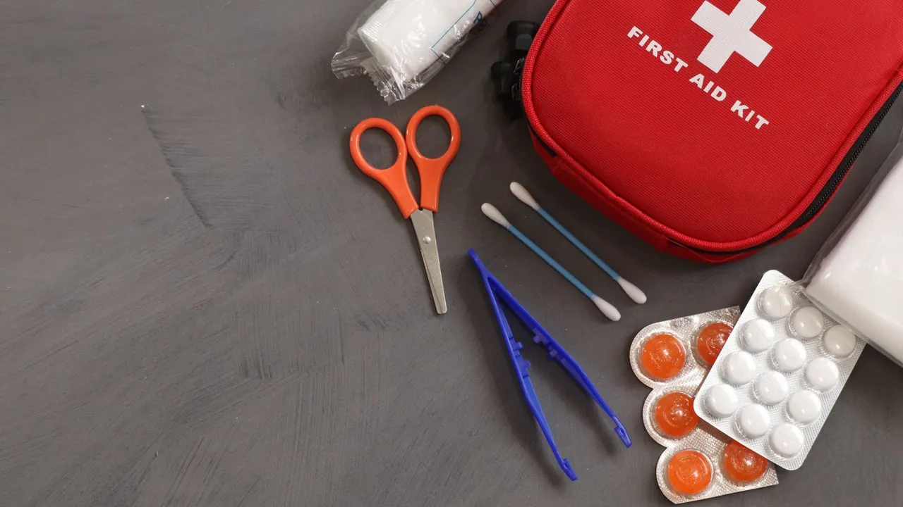 Trousse de secours professionnelle ouverte avec compresses, pansements et bandes
